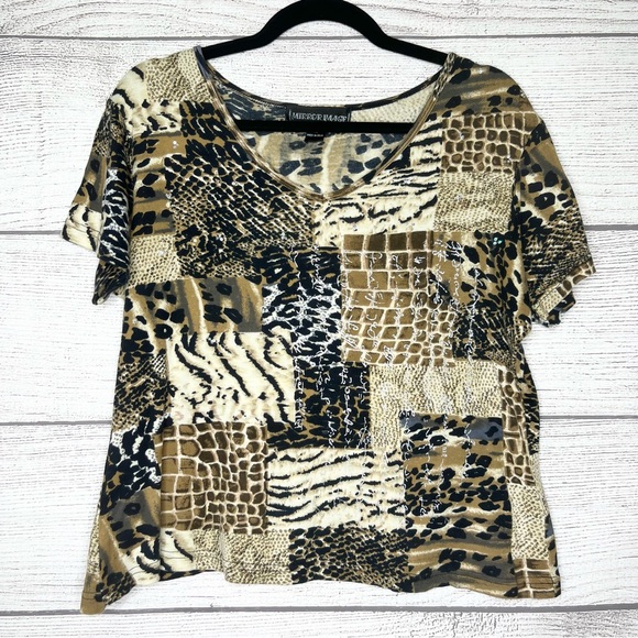 Vintage Animal Print Cheetah Leopard Patchwork Print T-Shirt Top Size XL - Picture 8 of 8